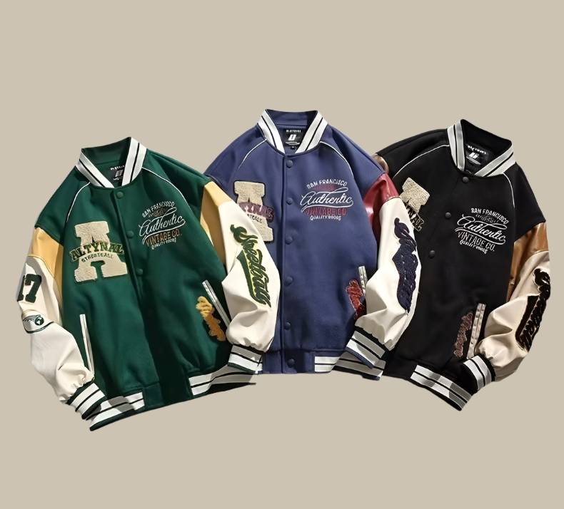 "Unieke vintage baseball herenjas, oversized pasvorm, verkrijgbaar in blauw, groen, zwart en meer, modern design."
