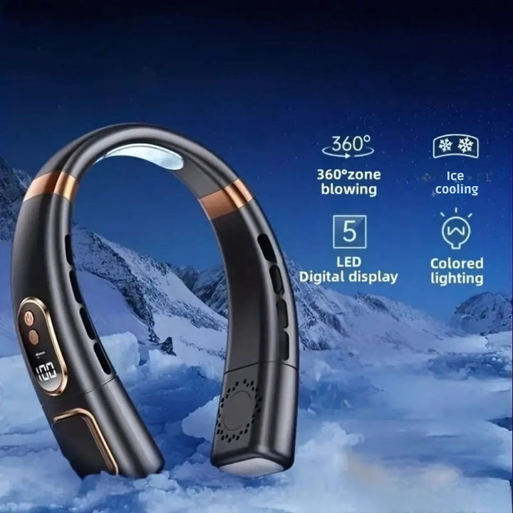 Draagbare handsfree nekventilator voor persoonlijke koeling, ideaal voor sport, reizen en warme dagen.