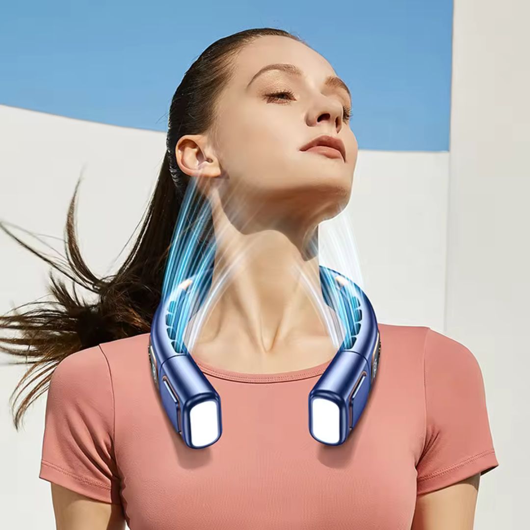 Unisex 360° digitale nekventilator. Oplaadbaar, bladloos en handsfree koeling voor zomer en sport.