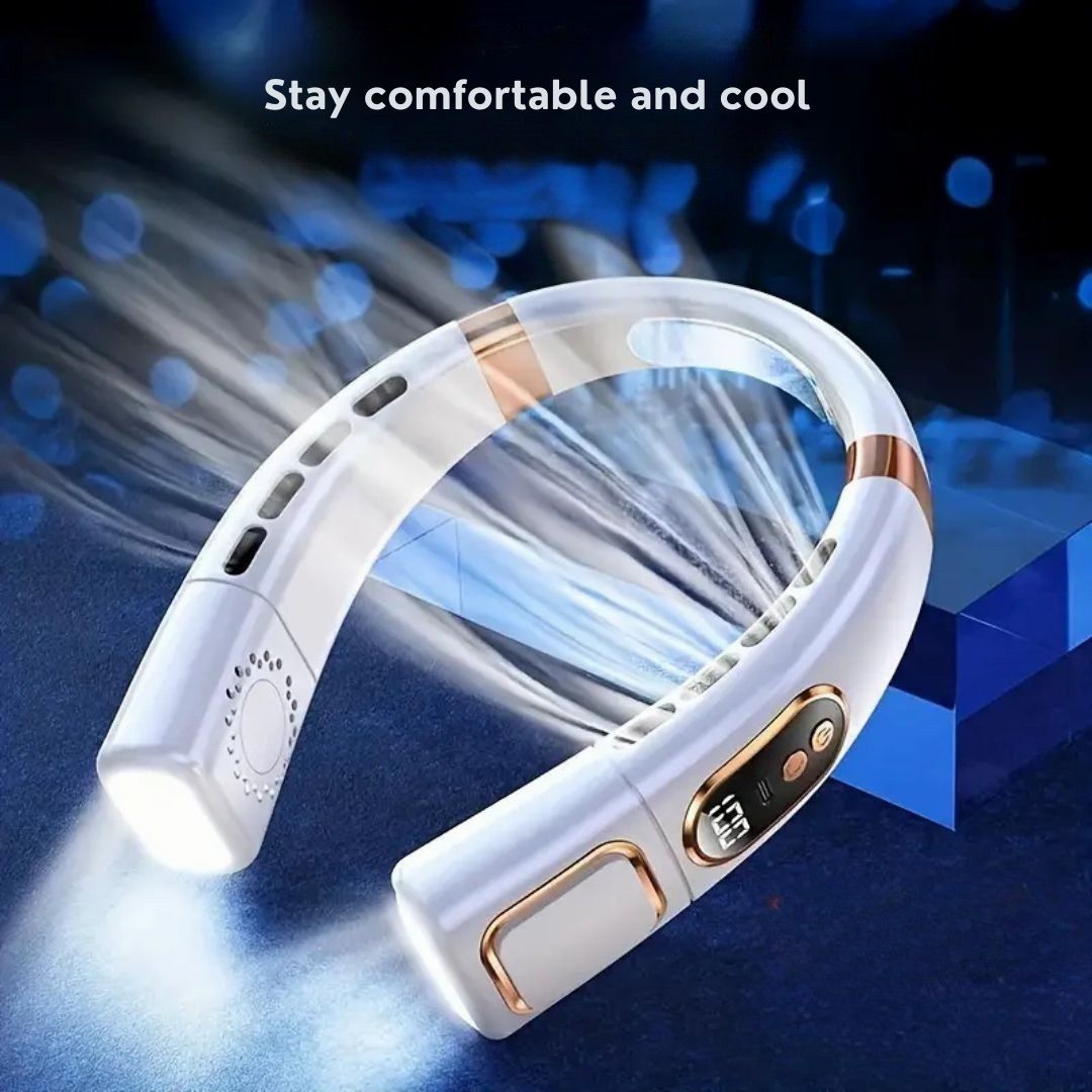 Bladloze digitale nekventilator, USB oplaadbaar. Biedt stille, comfortabele 360° koeling, unisex.