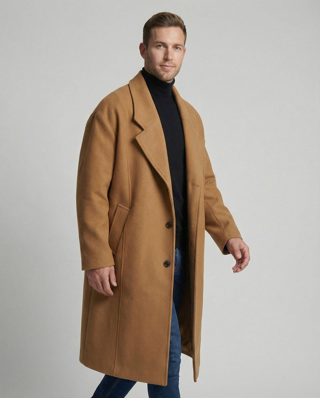 Elegante lange heren overjas, perfect voor zakelijk en casual gebruik. Stijlvol en comfortabel.