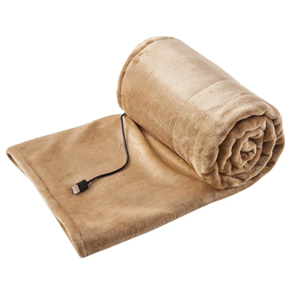"USB elektrische deken, ultra-zacht, pastelkleuren roze, geel, grijs. Ideaal thuis/kantoor, 3 warmte-instellingen."