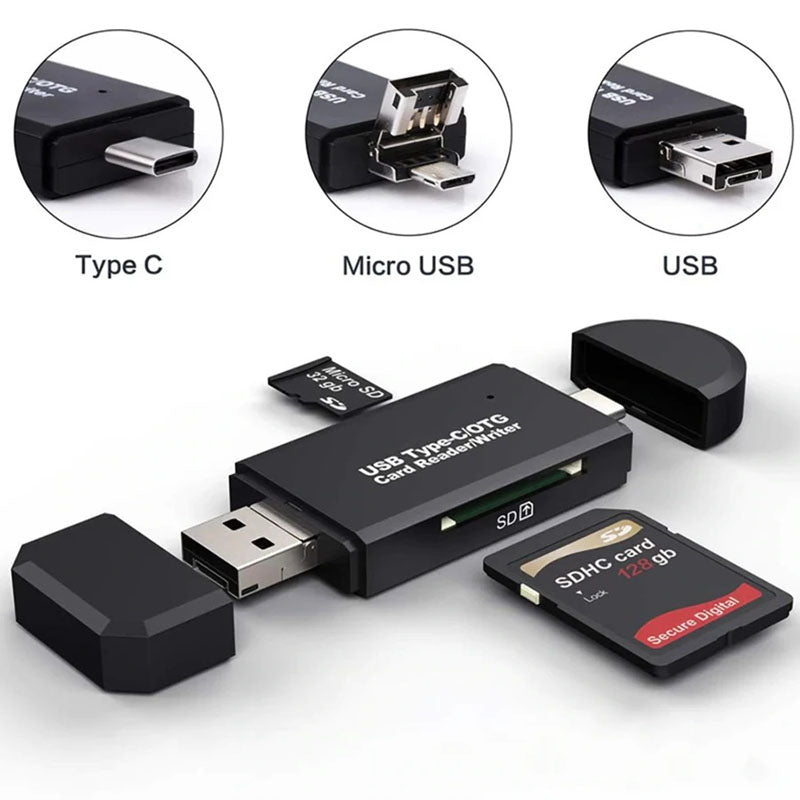 Draagbare USB-C kaartlezer met sleuven voor SD en MicroSD. Essentieel voor foto back-up en extra data opslag.