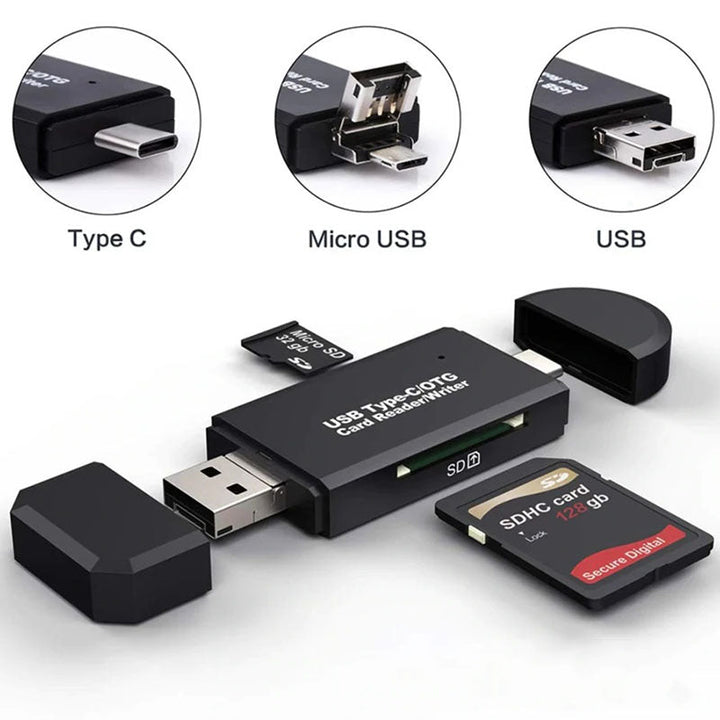 Draagbare USB-C kaartlezer met sleuven voor SD en MicroSD. Essentieel voor foto back-up en extra data opslag.
