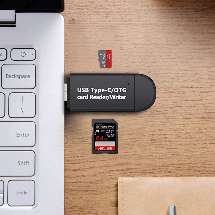 2-in-1 USB-C geheugenstick en kaartlezer voor SD/MicroSD kaarten. Perfect voor data overdracht en bestand opslag.