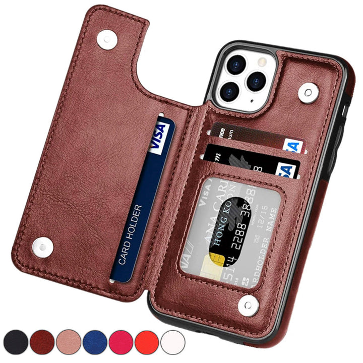 Stijlvolle luxe leren iPhone hoes, voor optimale bescherming van je mobiel en pasjes.