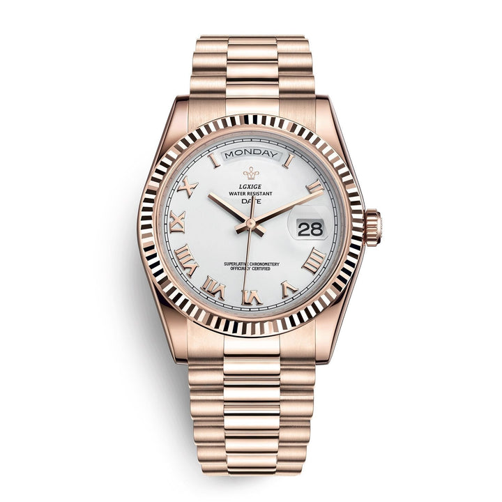 Solan heren automatisch horloge met dag- en datumfunctie, elegant edelstalen design voor elke man.