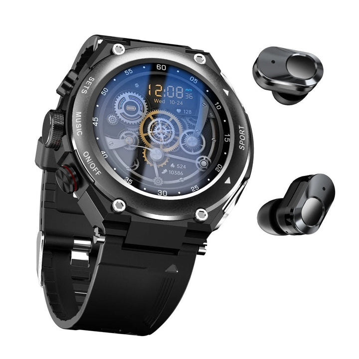 Oreste smartwatch met geïntegreerde draadloze oordopjes; perfect voor fitness, muziek en bellen, waterdicht.