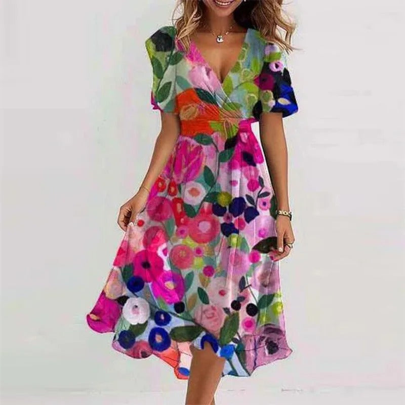 Chique Muller V-hals damesjurk, perfect voor zowel casual als formele lente- en zomergelegenheden. Comfortabele pasvorm.