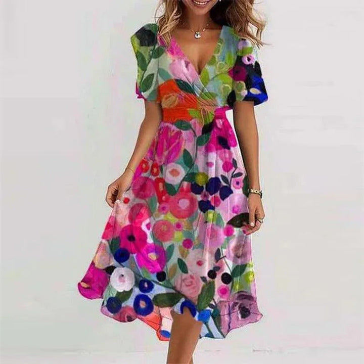 Chique Muller V-hals damesjurk, perfect voor zowel casual als formele lente- en zomergelegenheden. Comfortabele pasvorm.
