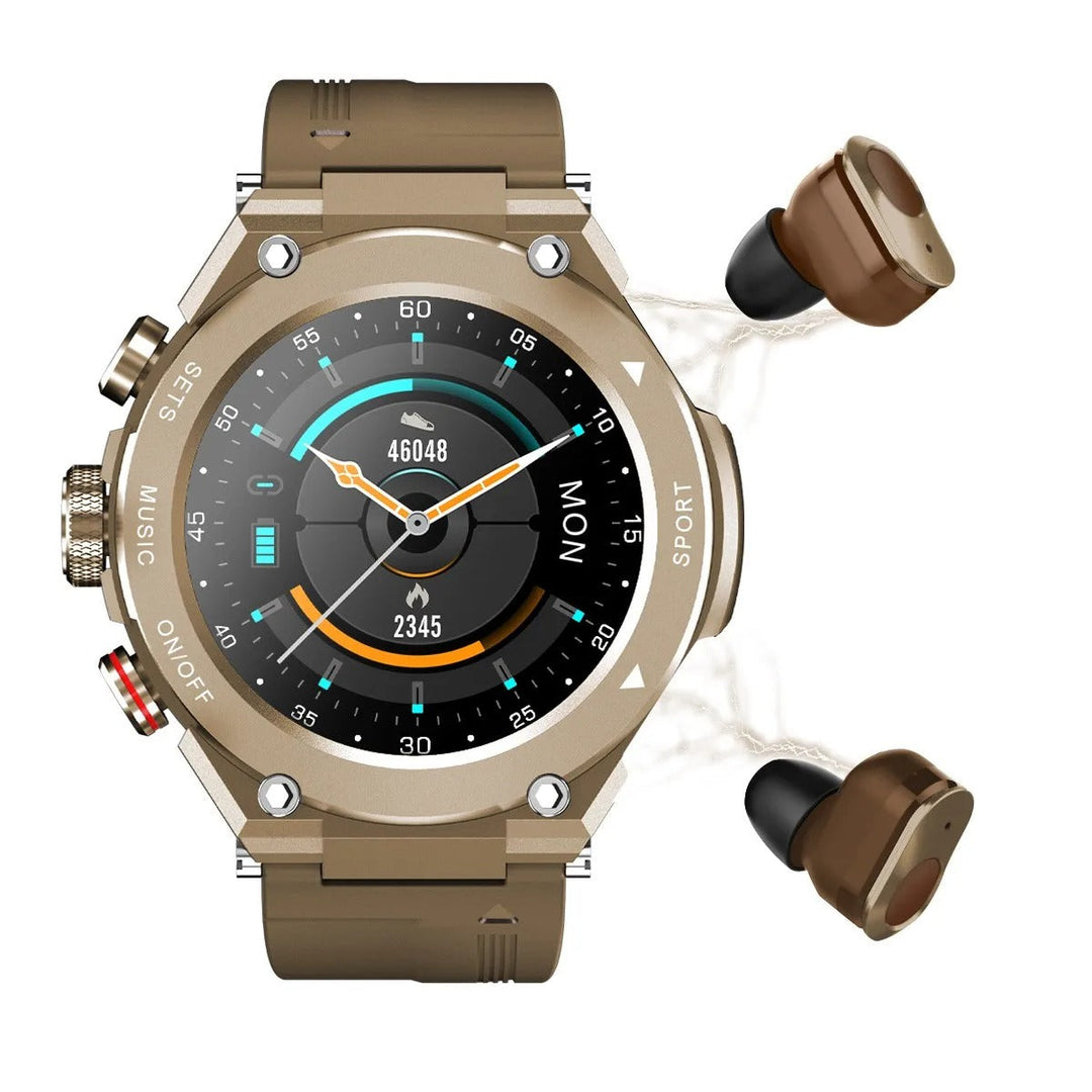 Oreste Smartwatch met geïntegreerde oordopjes, strak design en waterdicht voor een actieve levensstijl.