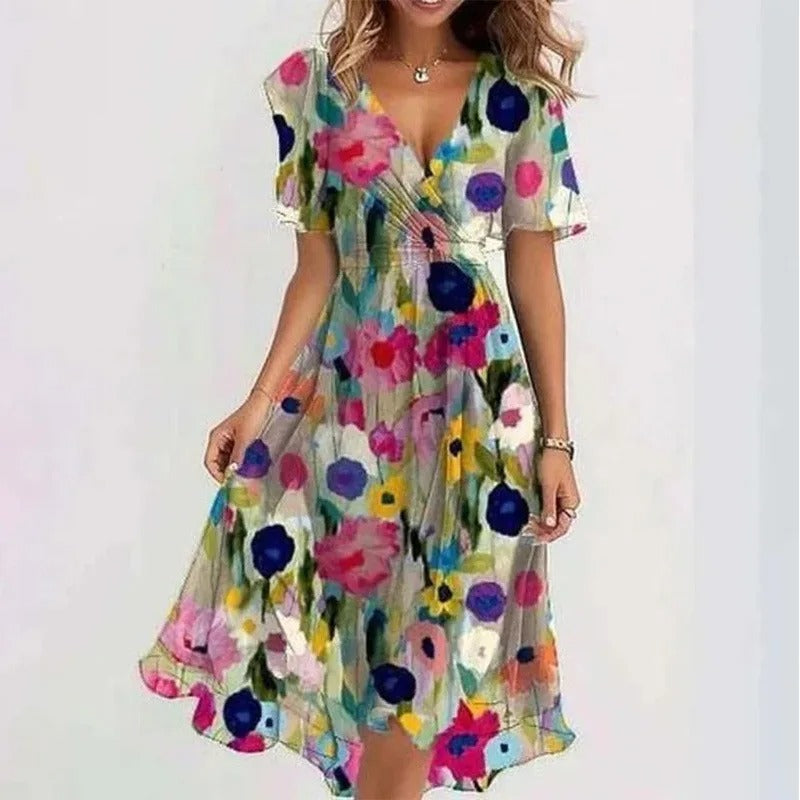 Comfortabele Muller dames V-hals jurk. Een elegante en veelzijdige zomerjurk, perfect voor elke gelegenheid, casual of chic.
