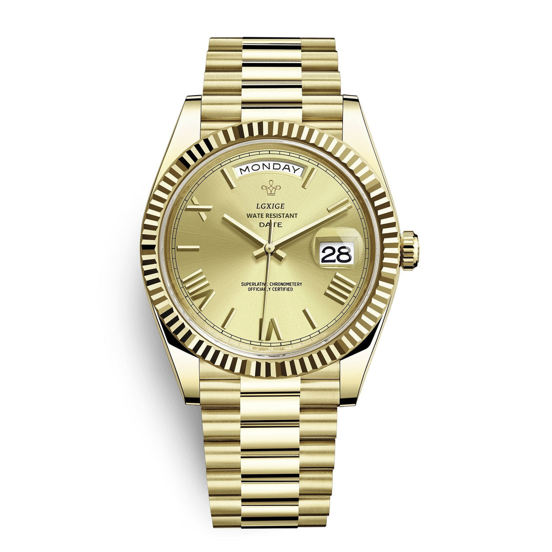 Glanzend edelstalen Solan automatisch herenhorloge, met dag- en datumfunctie, voor een verfijnde look.
