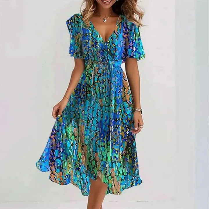 Muller dames elegante V-hals jurk. De perfecte, veelzijdige zomerjurk voor elke gelegenheid, van casual tot formeel.