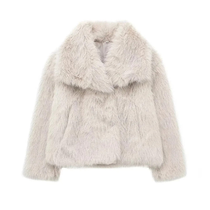 Dames warme imitatiebontjas in grijs, luxe en stijlvolle winterjas. Nieuwe collectie.