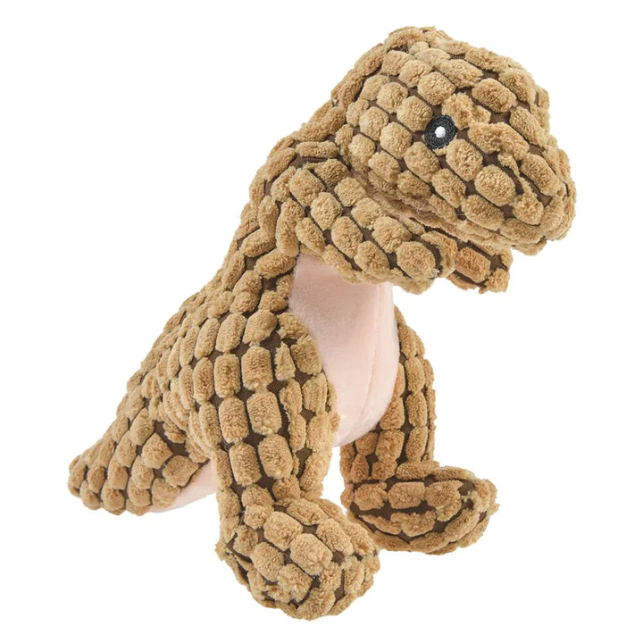 Stevig oranje dino kauwspeeltje van rubber, perfect voor honden die intensief spelen en kauwen.