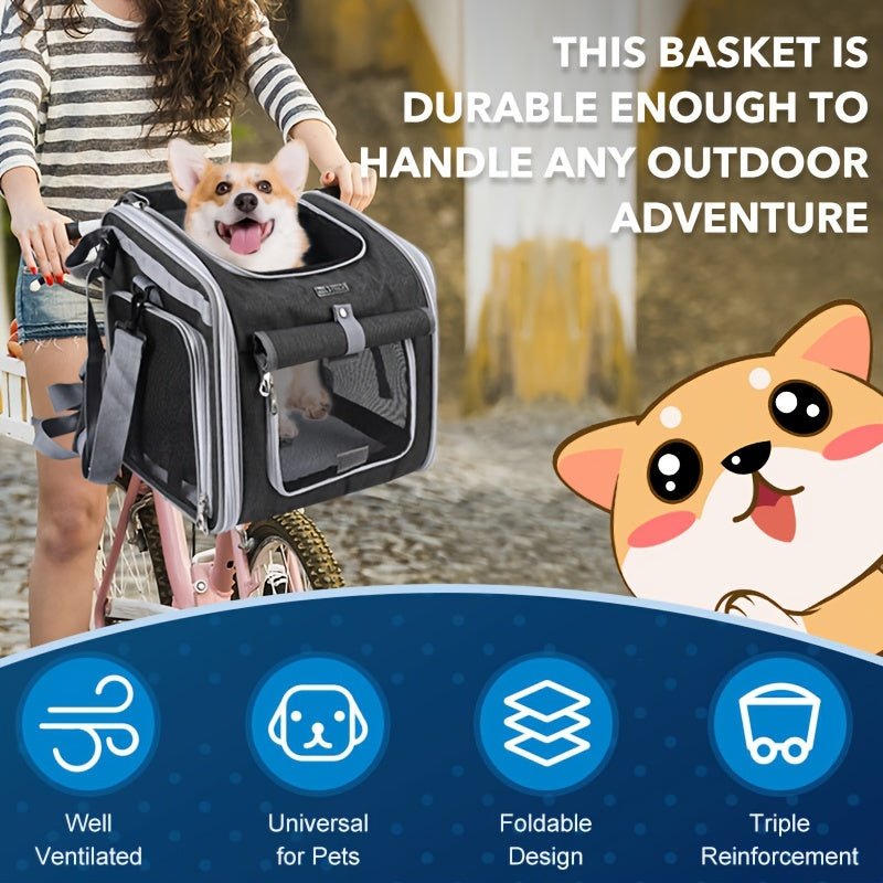 "Veilige uitbreidbare fietsmand voor huisdieren met mesh-vensters, geschikt voor honden en katten tot 8 kg."