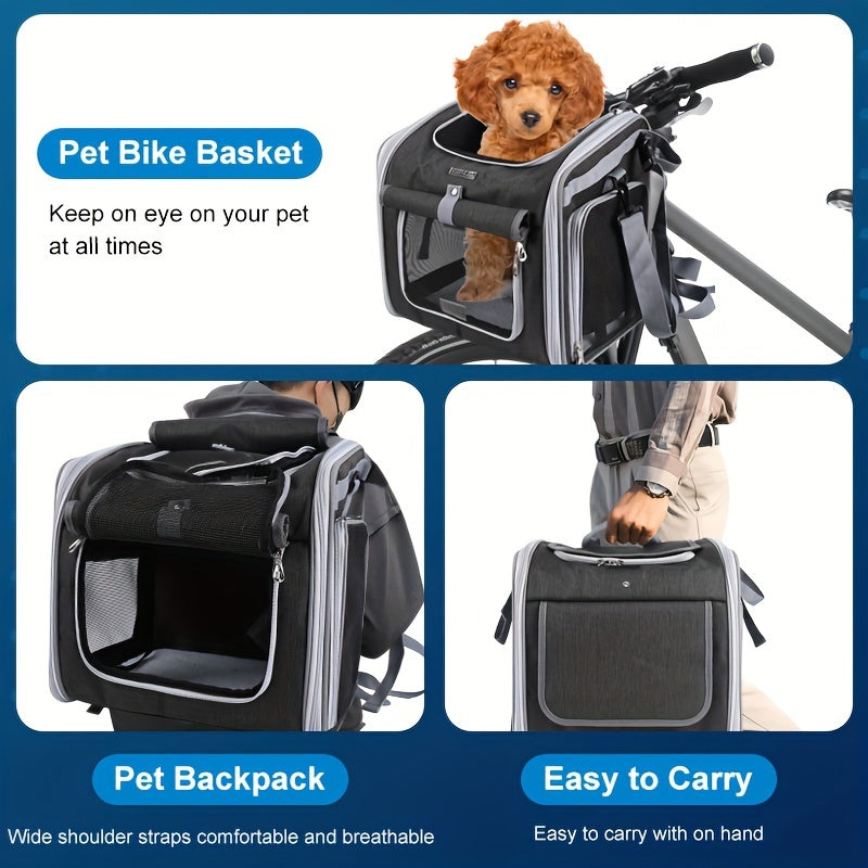 "Veilige uitbreidbare fietsmand voor huisdieren met mesh-vensters, geschikt voor honden en katten tot 8 kg."