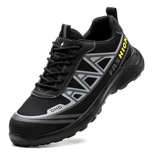 Veiligheidsschoenen S3 voor mannen, grijs en zwart, met brede veiligheidsneus, antislipzolen en stalen neus voor bescherming.