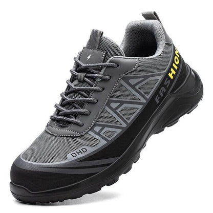 Veiligheidsschoenen S3 voor mannen, grijs en zwart, met brede veiligheidsneus, antislipzolen en stalen neus voor bescherming.