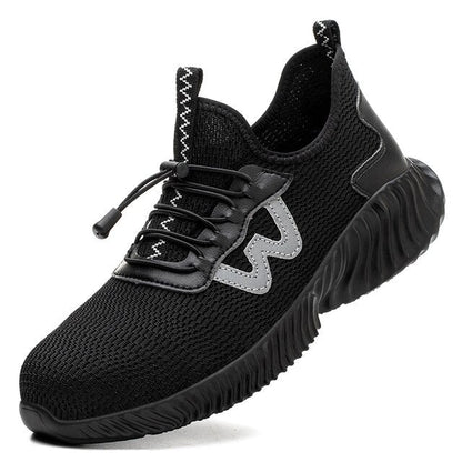 Veiligheidsschoenen S3 voor mannen, grijs en zwart, met brede veiligheidsneus, antislipzolen en stalen neus voor bescherming.