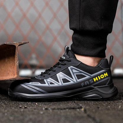 Veiligheidsschoenen S3 voor mannen, grijs en zwart, met brede veiligheidsneus, antislipzolen en stalen neus voor bescherming.