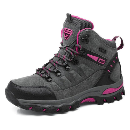 Veiligheidswerkschoenen voor dames, waterdicht en antislip, met versterkte enkelondersteuning en ronde teen, grijs.
