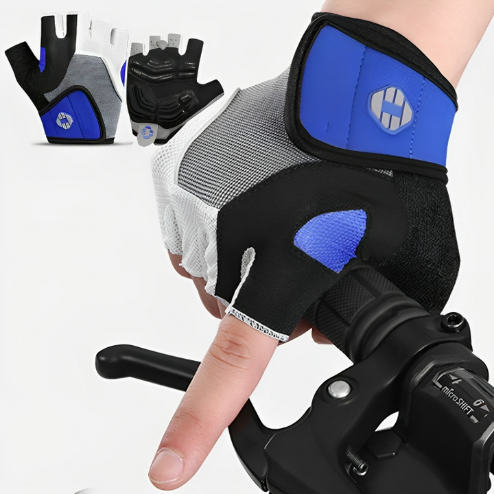 Detailopname van BikeGuard™ gelhandschoenen met anti-slip grip en ademend lycra-mesh voor fietsers.