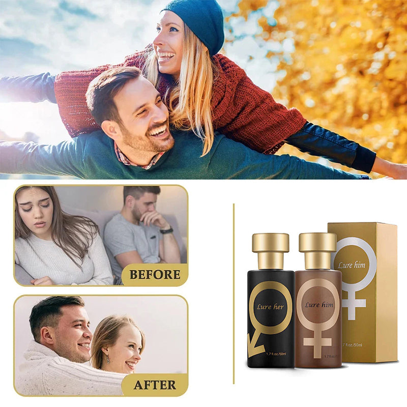 "Verleidelijke unisex parfumflesjes; zwart voor hem, goud voor haar. Elegant en veelzijdig ontwerp voor langdurige frisheid."