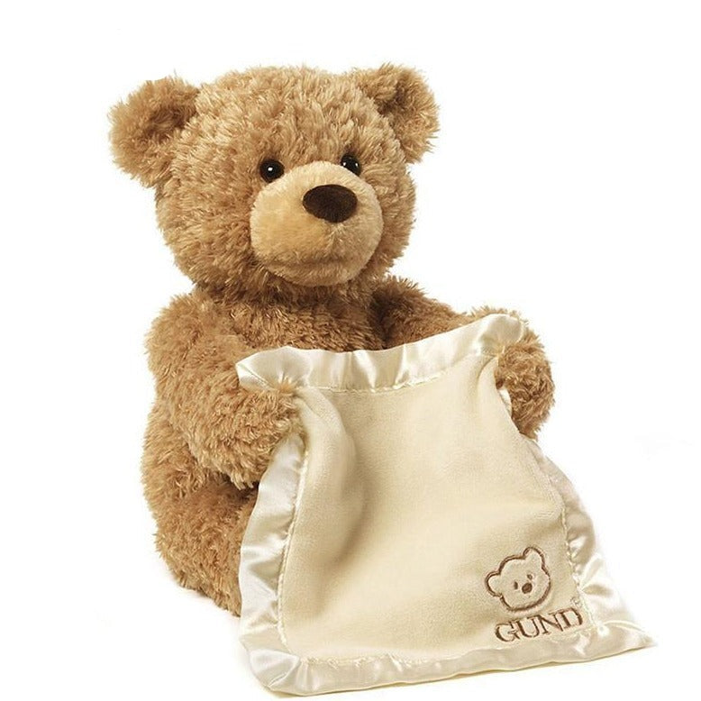 Interactieve pluche knuffelbeer die kiekeboe speelt en praat, ideaal educatief speelgoed voor baby's en peuters.