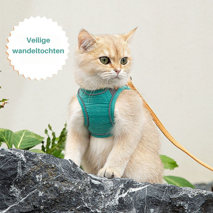 "Verstelbaar kattentuigje Oscar, ontsnappingsvrij, met fluweelzachte ademende stof in diverse stijlvolle kleuren."