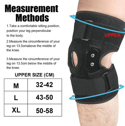 "Verstelbare kniebrace met scharnieren; ademend sportontwerp voor optimale knieondersteuning en comfort."