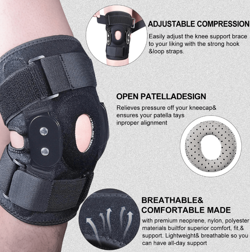 "Verstelbare kniebrace met scharnieren; ademend sportontwerp voor optimale knieondersteuning en comfort."