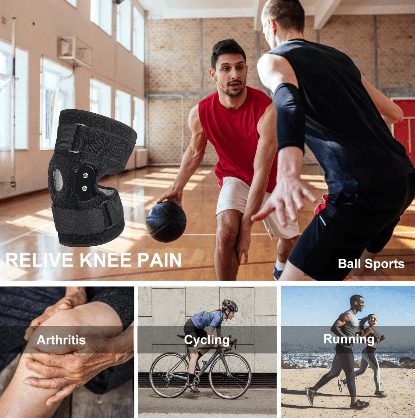 "Verstelbare kniebrace met scharnieren; ademend sportontwerp voor optimale knieondersteuning en comfort."