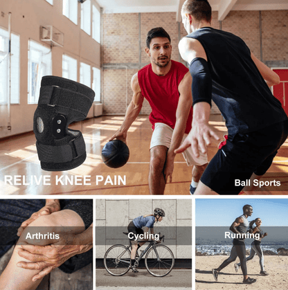"Verstelbare kniebrace met scharnieren; ademend sportontwerp voor optimale knieondersteuning en comfort."