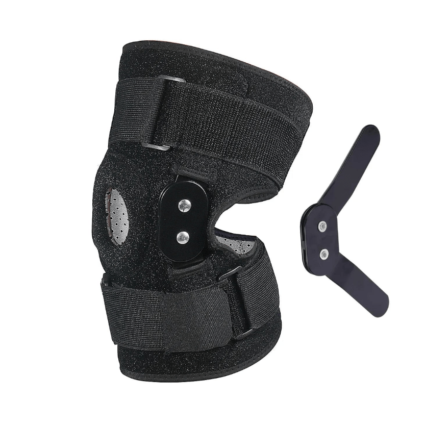 "Verstelbare kniebrace met scharnieren; ademend sportontwerp voor optimale knieondersteuning en comfort."