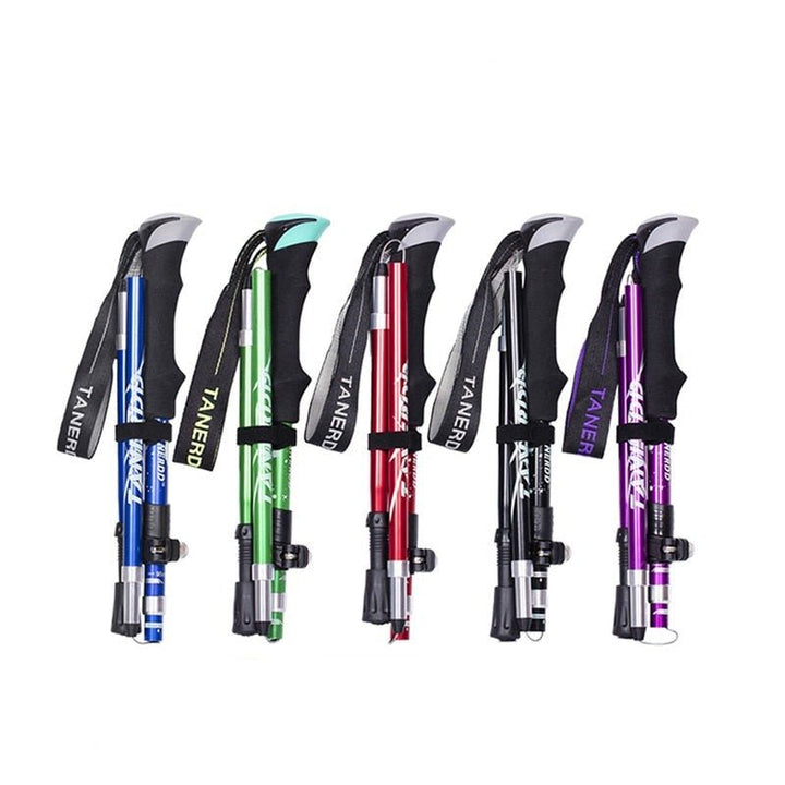 Twee verstelbare wandelstokken, lichtgewicht aluminium/carbon, essentieel voor fitness, wandelen en trekking.