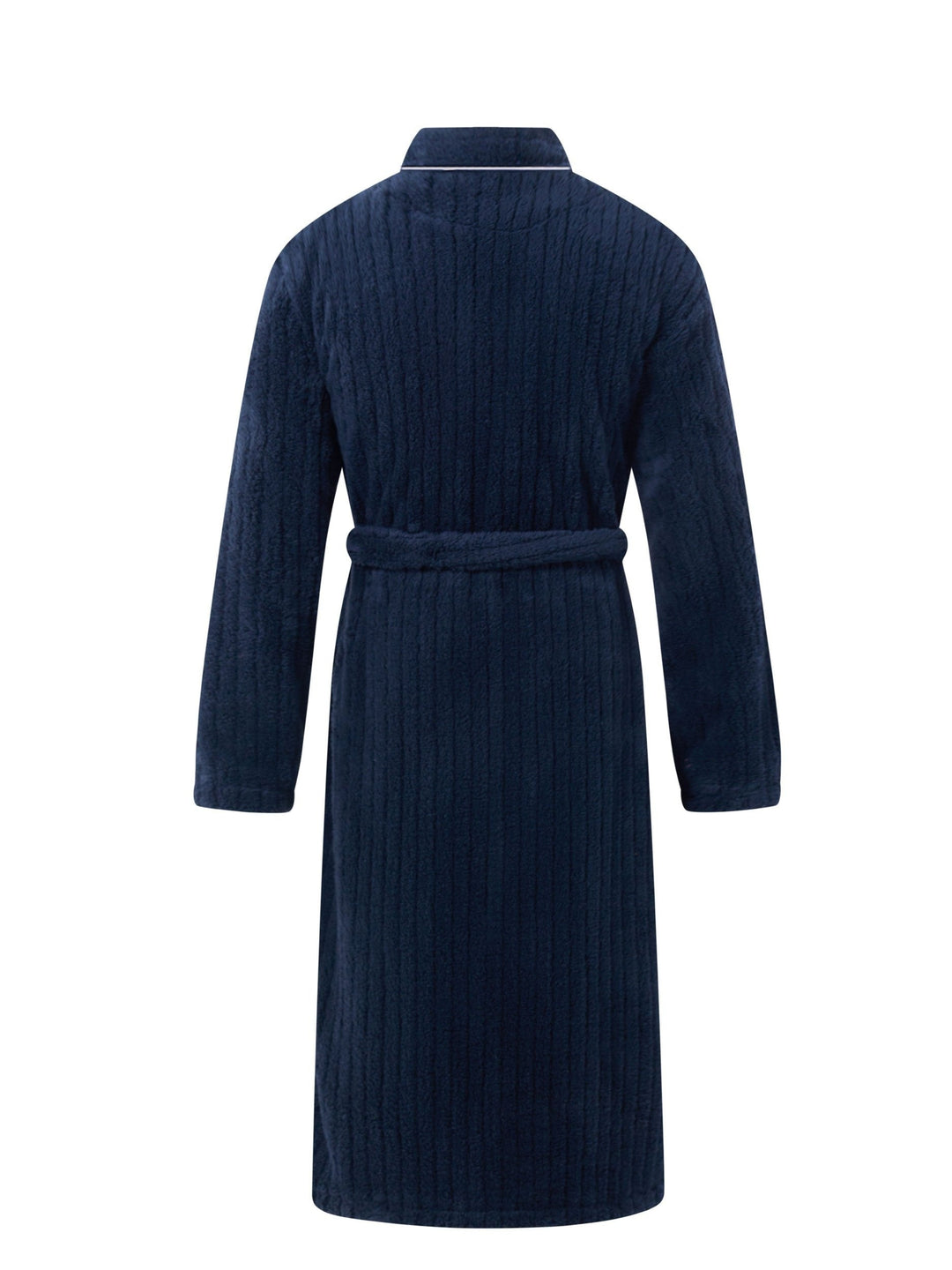 Warme effen marineblauwe fleece ochtendjas voor heren, perfect voor comfortabele winteravonden thuis.