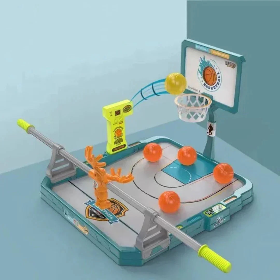 Mini basketbalspel voor kinderen; compact speelgoed dat reactiesnelheid en handoogcoördinatie stimuleert.