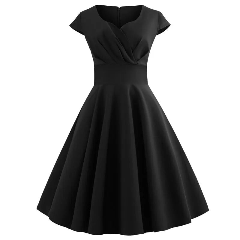 "Vintage A-lijn Marlena jurk in zwart, flatterend silhouet, gedefinieerde taille, ideaal voor dames bij feestelijke gelegenhe