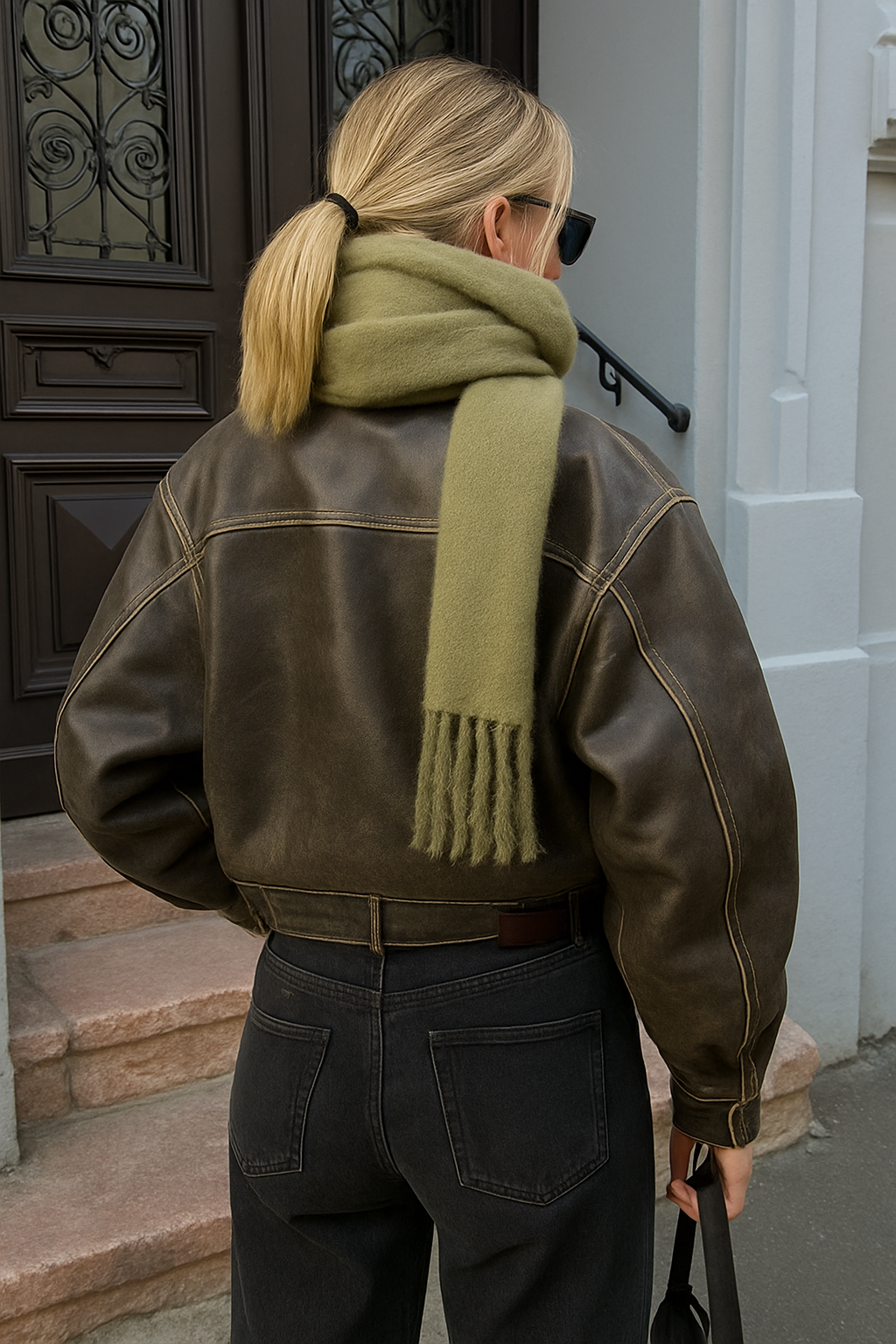 Vintage bruine leren jas met robuuste uitstraling, ideaal voor een chique, modebewuste vrouw. Elegant en tijdloos ontwerp.