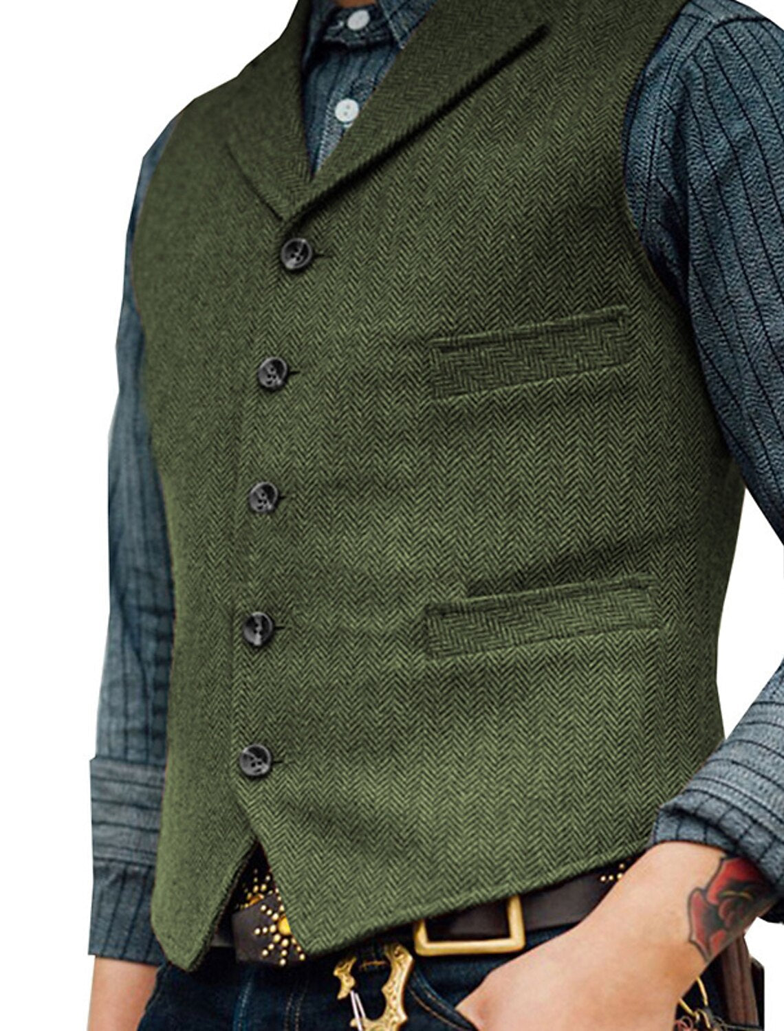 "Vintage heren gilet met elegante lijnen, authentieke stijl en hoogwaardige stoffen; veelzijdig voor elke outfit."