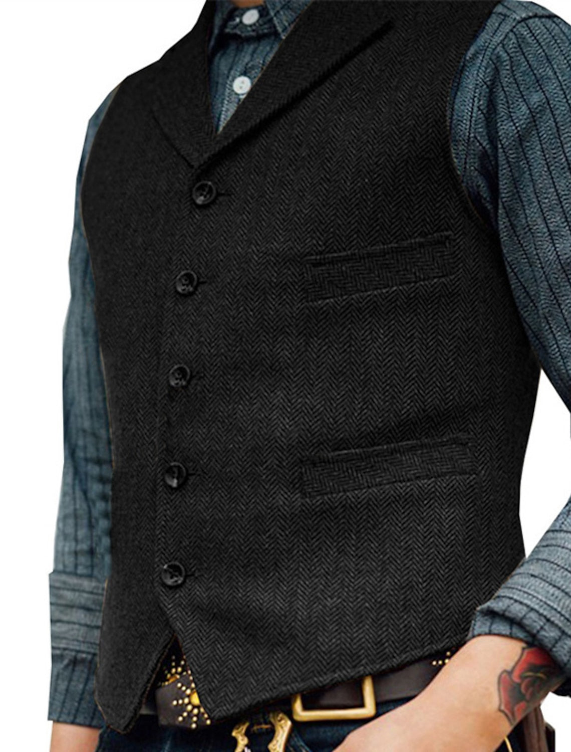 "Vintage heren gilet met elegante lijnen, authentieke stijl en hoogwaardige stoffen; veelzijdig voor elke outfit."