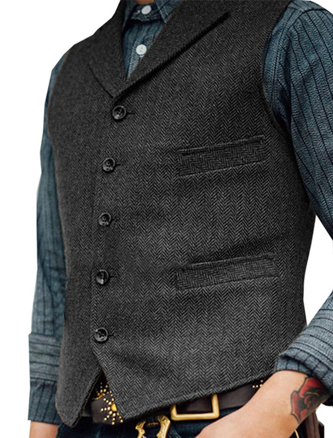 "Vintage heren gilet met elegante lijnen, authentieke stijl en hoogwaardige stoffen; veelzijdig voor elke outfit."