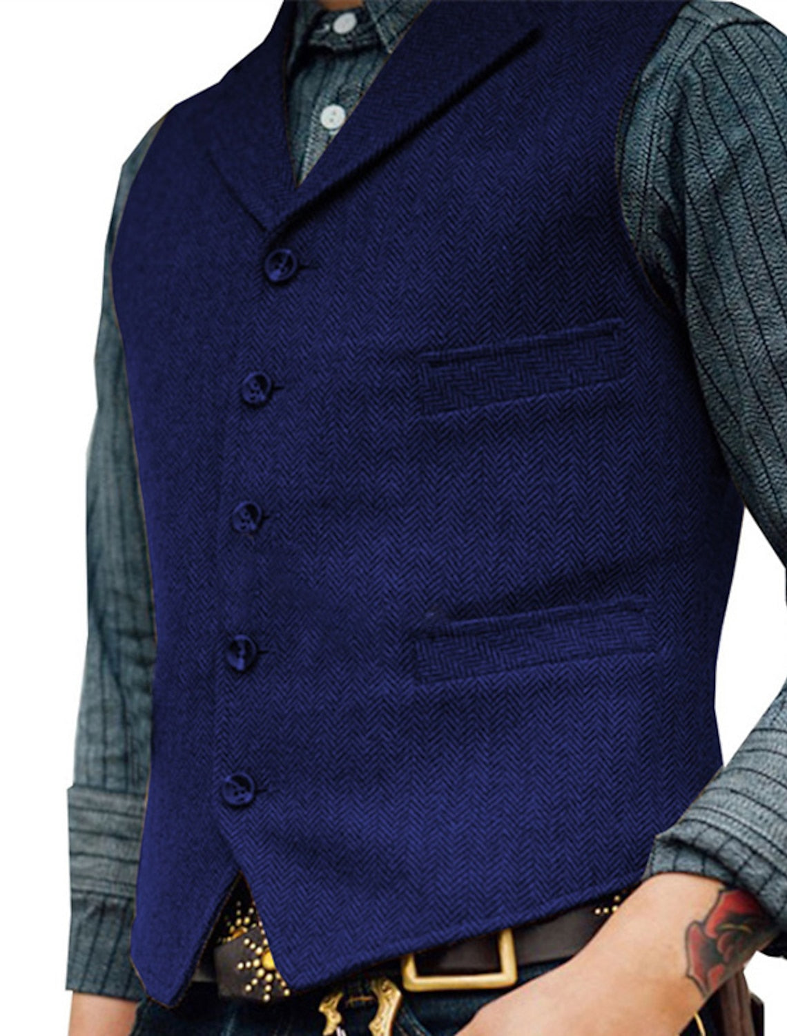 "Vintage heren gilet met elegante lijnen, authentieke stijl en hoogwaardige stoffen; veelzijdig voor elke outfit."