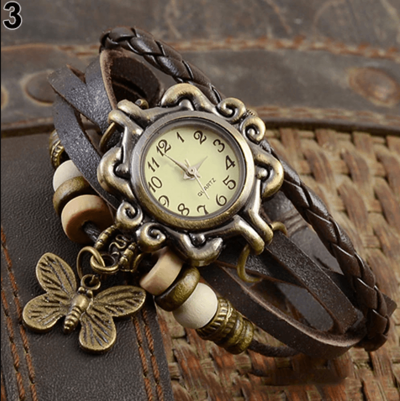 Dames vintage armbandhorloge met bruine leren band in bohemian stijl. Perfect als modeaccessoire voor vrouwen.