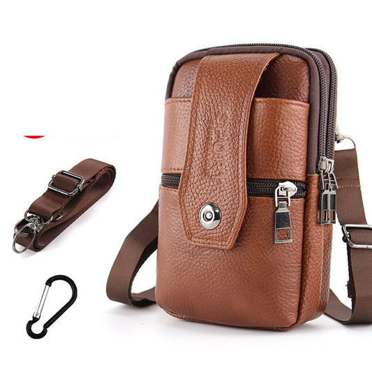 "Vintage leren heren crossbody heuptas met verstelbare band, stijlvolle bruine tas met ruime vakken en robuust ontwerp."