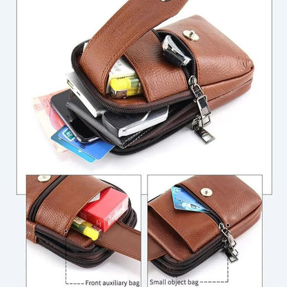 "Vintage leren heren crossbody heuptas met verstelbare band, stijlvolle bruine tas met ruime vakken en robuust ontwerp."