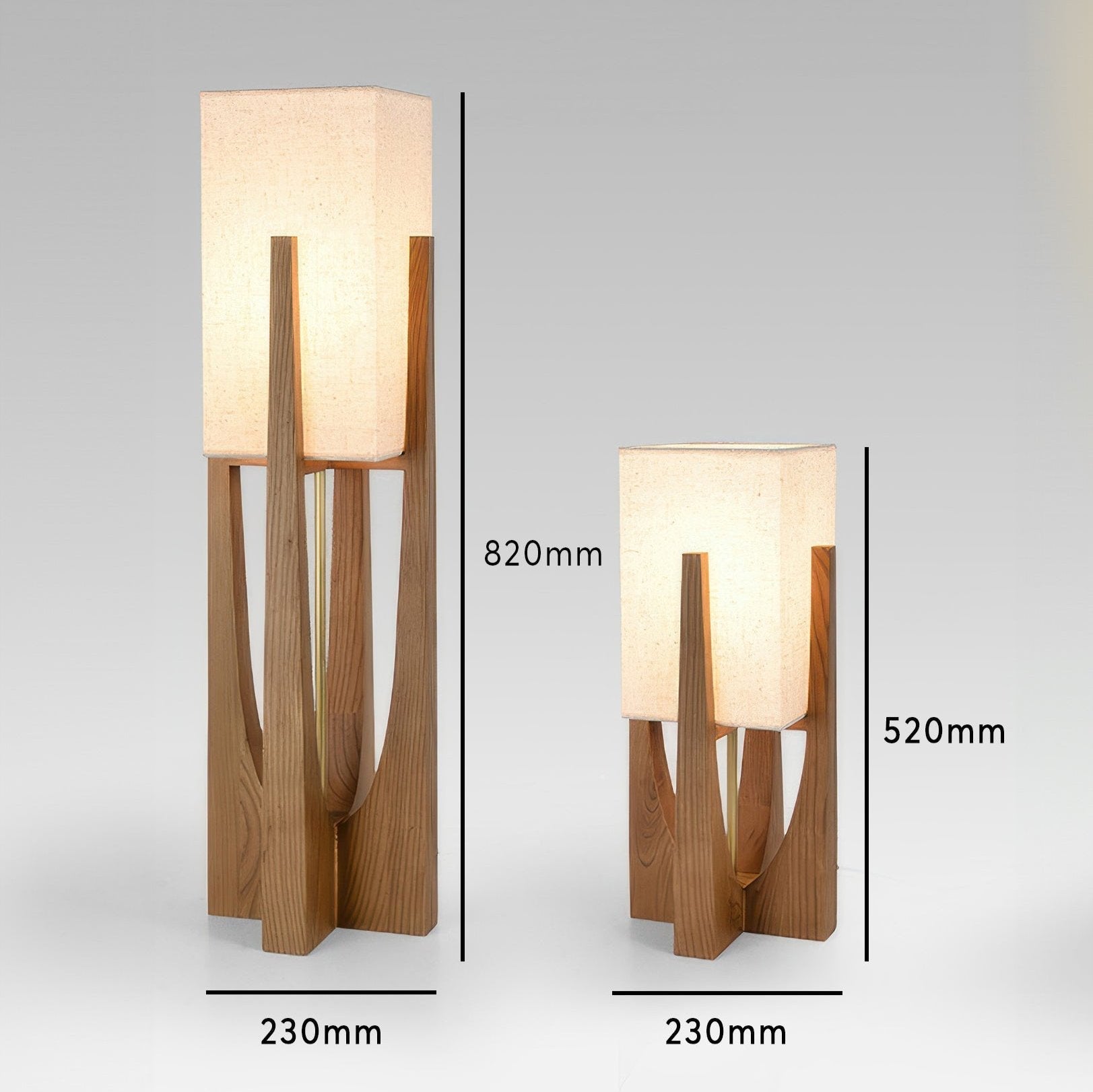 Vloerlamp met walnotenhouten basis, messing accenten en katoenen kap; minimalistisch en elegant voor sfeervol interieur.