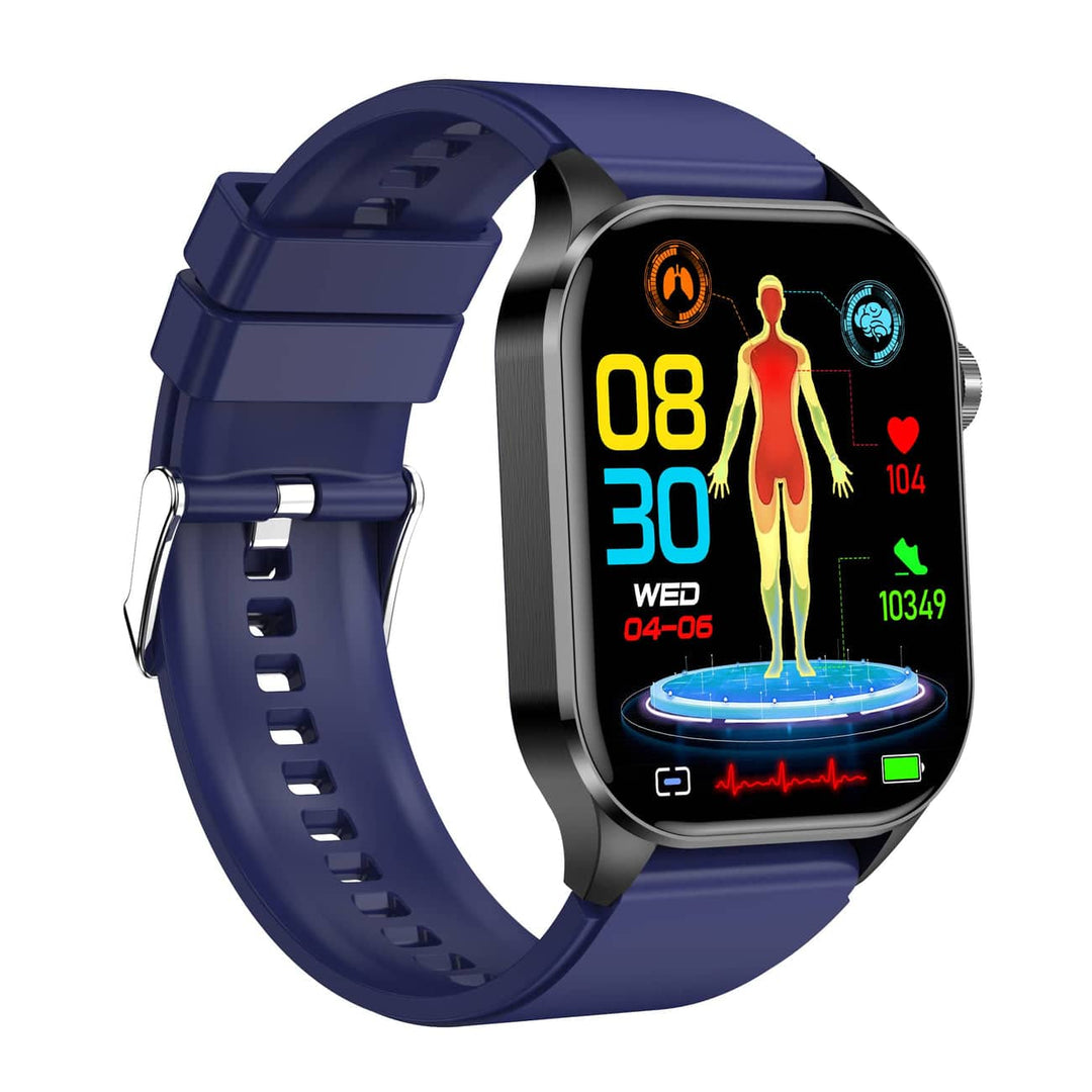 Zwarte, moderne smartwatch met geavanceerde EKG, bloedsuiker & bloeddruk monitoring functies.